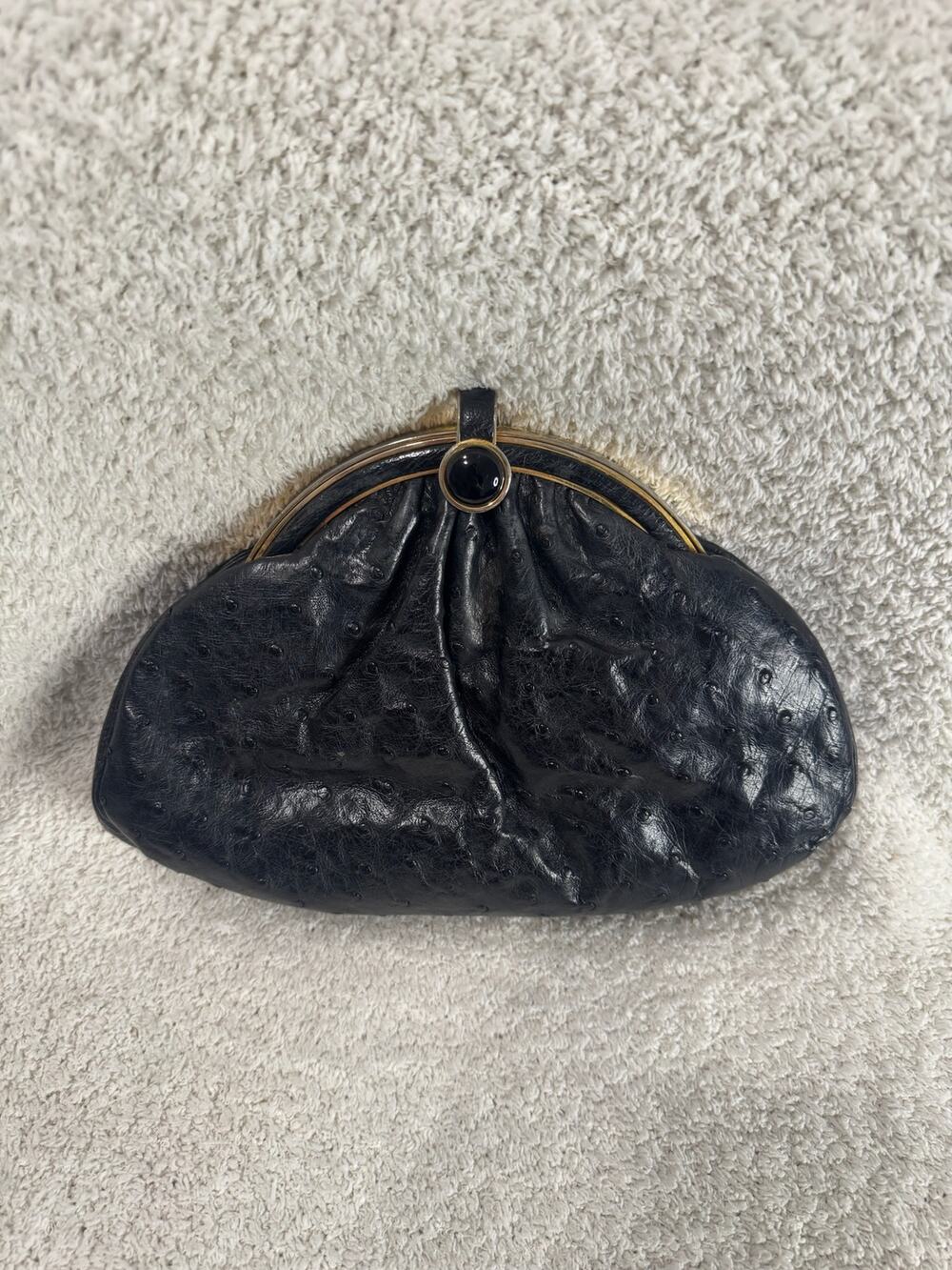 Vintage Judith Leiber Black Lizard Onyx Carnelian Clasp Clutch Shoulder Bag
